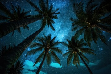 A long exposure photograph of coconut trees and the Milky Way at night.