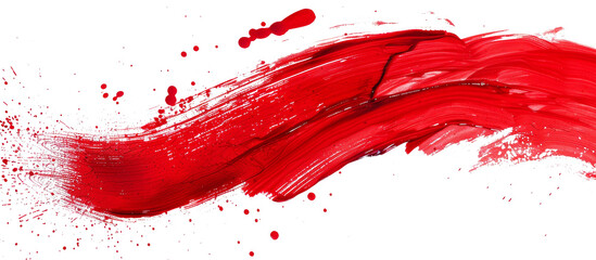 Bold red paint streak with splatters on a white background in an abstract artistic style