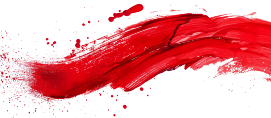 Bold red paint streak with splatters on a white background in an abstract artistic style