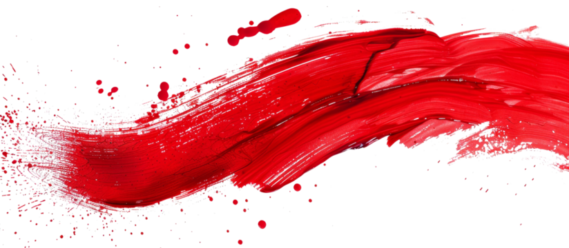 Bold red paint streak with splatters on a white background in an abstract artistic style