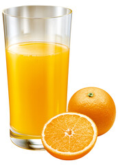 Copo com suco de laranja natural acompanhado de laranja fresca isolado em fundo transparente