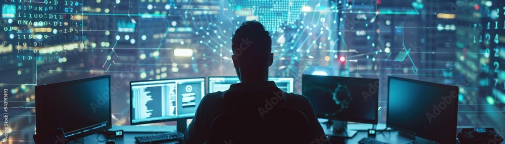 Poster silhouette of a person working on multiple computer screens in a cityscape setting at night, showcas