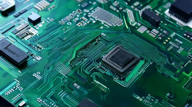 Exploring the intricate design of a computer motherboard with a focus on the processor socket location and surrounding circuitry