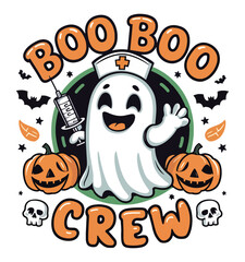 Boo Boo Crew Funny Groovy Hippie  Nurse Ghost Halloween vector t-shirt. Nursing Ghost Boo, RN Nurse Halloween