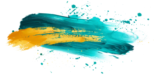 Colorful brushstroke design in teal and orange with splashes on a white background