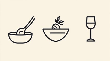 Vector line icons showcase a bowl with a spoon, a salad, and a wine glass, perfect for upscale restaurant designs and menus