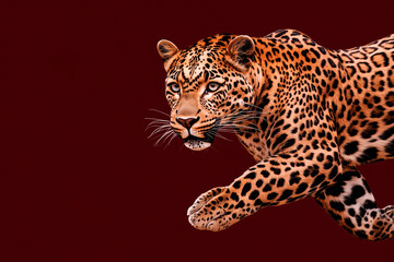 Naklejka premium A high-contrast design showcasing a hunting leopard, highlighted with gold and deep brown tones, moving across a rich cherry-brown background. The banner includes the text 