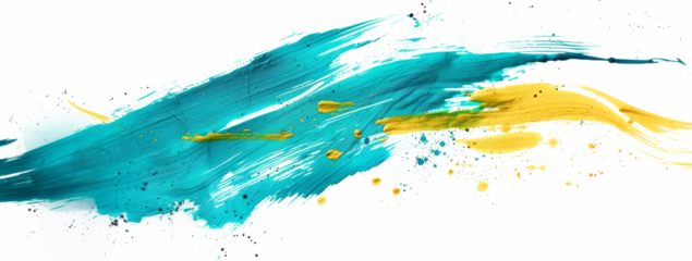 Vibrant abstract brushstroke artwork using blue and yellow paint on a white background