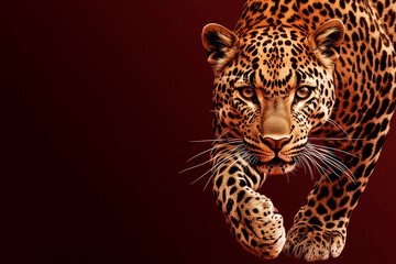 Fototapeta premium A high-contrast design showcasing a hunting leopard, highlighted with gold and deep brown tones, moving across a rich cherry-brown background. The banner includes the text 