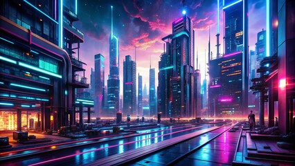 Fototapeta premium Cyberpunk Glitch: Futuristic urban landscapes with neon lights, digital glitches, and a sense of technological decay.