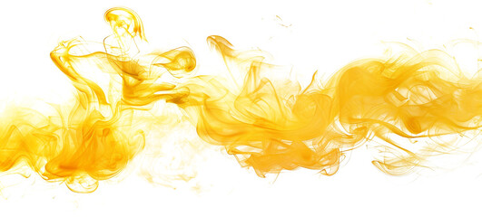 Golden yellow smoke swirling gracefully against a white background © Taras Vykhopen