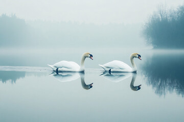 Obraz premium Two swans are swimming in a lake