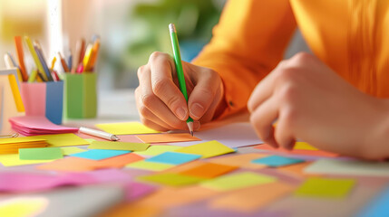 Close-up of hands writing on colorful sticky notes, surrounded by various stationery, conveying creativity and organization in a bright workspace