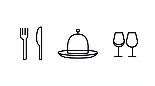 This collection showcases sleek line icons representing cutlery, a cloche, and wine glasses ideal for restaurant-themed designs