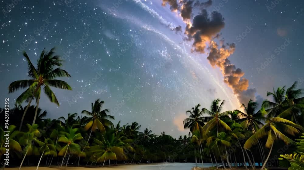 Poster explore a tranquil beach with palm trees under a starlit sky and cosmic background in a serene tropi