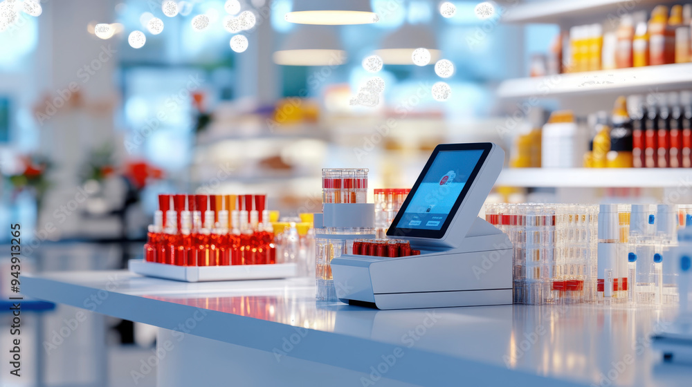 Leinwandbilder modern laboratory with automated system displaying colorful vials and test tubes on a bright counter