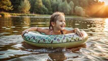 happy girl swims on an inflatable circle