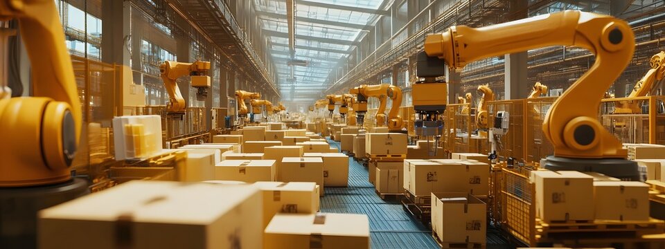 A high-tech factory floor with robotic arms neatly arranged, carrying out precise cardboard packaging in an industrial setting. The scene is captured from above, showcasing the advanced technology