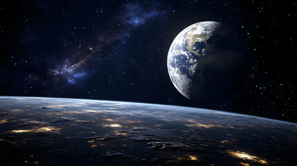 Planet Earth viewed from space with starry sky and Milky Way.