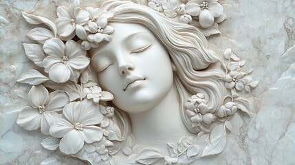 Elegant White Stone Carving of a Tranquil Female Figure Entwined with Blossoms - Perfect for Posters in Serene Interiors and Artistic Spaces