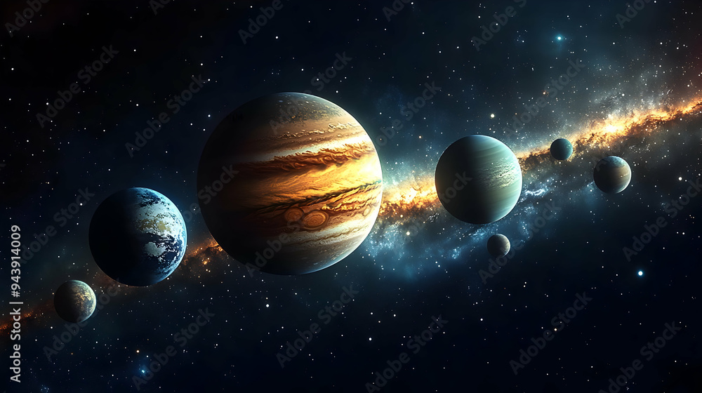 Poster planets align in a celestial dance with a milky way backdrop.