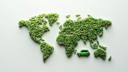 A 3D tree or forest-shaped world map on a white background, symbolizing Earth Day or Environment Day. Includes a green earth with an electric car, aligning with the Paris Agreement concept.