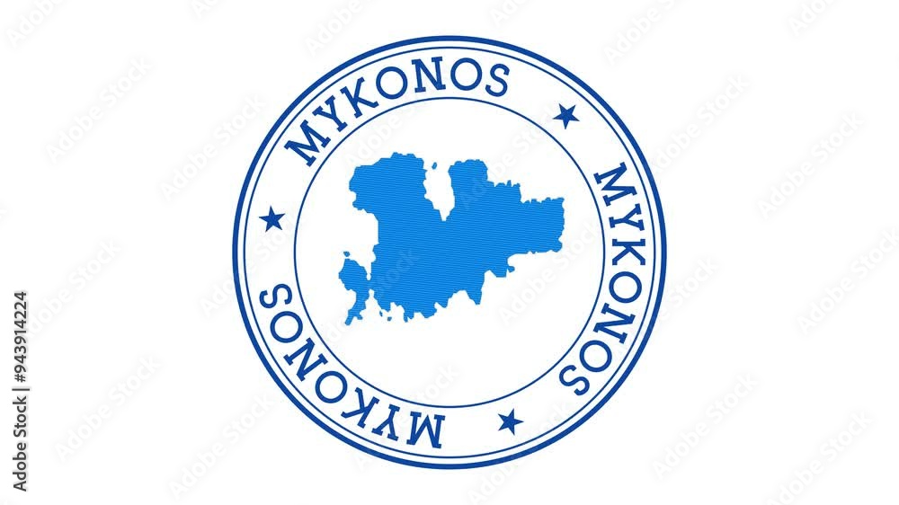 Poster mykonos intro. badge with the circular name and map of the island. mykonos round logo animation.