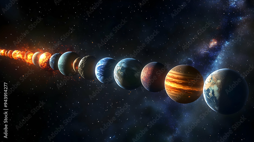 Poster planets aligned in space, with a fiery object at the beginning.