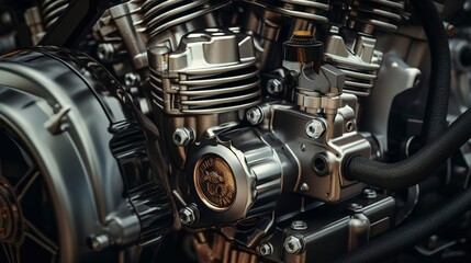 A photo of a detailed shot of a motorcycles engine