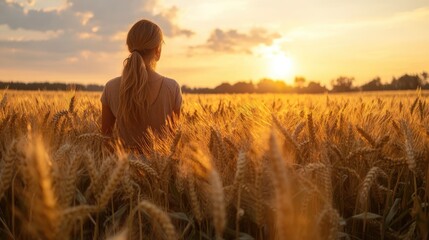 A woman in a wheat field at dusk, the setting sun casting a golden glow on the scene.