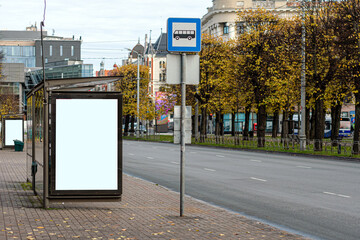 Bus Stop Station With Empty Shelter and Clear Sky in Quiet Urban Environment During Autumn, mock-up