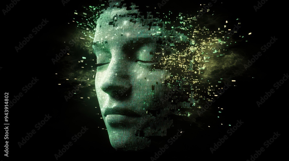 Poster Abstract representation of a human face made from digital particles dissolving in a dark, futuristic environment, symbolizing technology and data.
