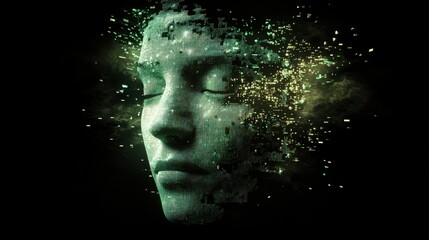 Abstract representation of a human face made from digital particles dissolving in a dark, futuristic environment, symbolizing technology and data.

