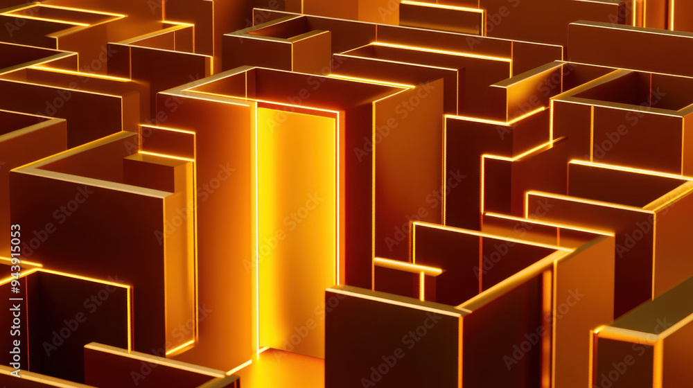 Poster intricate maze with glowing golden edges creating a sense of depth and mystery, showcasing an abstra