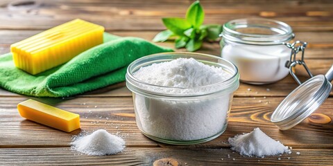 A container of white crystalline sodium percarbonate powder, a versatile and eco-friendly cleaning agent, sits on a worn wooden table amidst scattered cleaning supplies.
