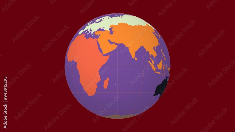 Poster rotating planet. normal sphere view. moderate speed globe rotation. colored continents style. world 