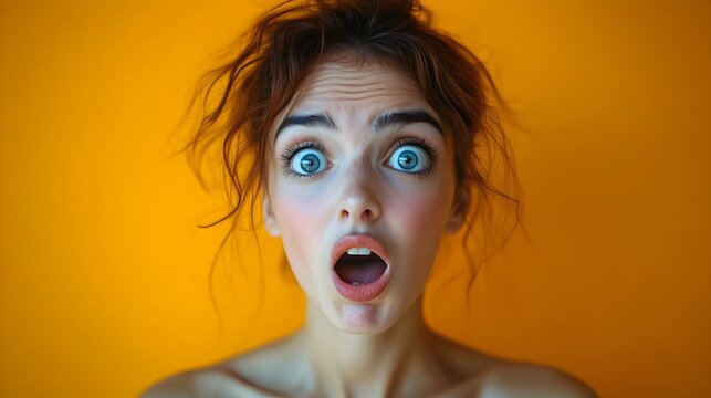Digitally rendered image of a person making an exaggeratedly surprised facial expression with wide open eyes and mouth isolated on a plain background with ample copy space