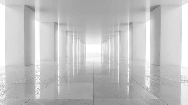 Minimalist, white corridor extends infinitely, with reflective surfaces and soft lighting creating a surreal, endless perspective.