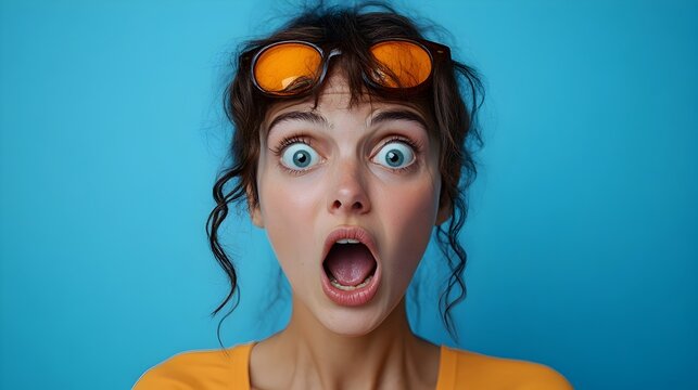 Dramatic close up facial expression of a person pretending to be shocked with wide eyes and open mouth isolated on a plain background with copy space