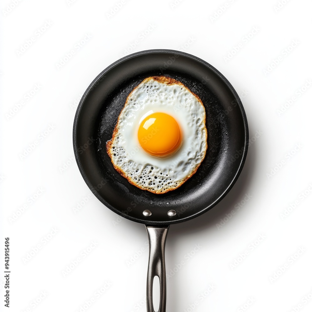 Poster a 3d simple style icon of a shiny metal frying pan with an egg frying in the center isolated on a wh