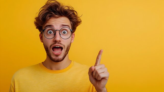 Excited energetic young man with glasses and curly hair making an enthusiastic gesture and facial expression against a bright yellow studio background  Concept of positive lively