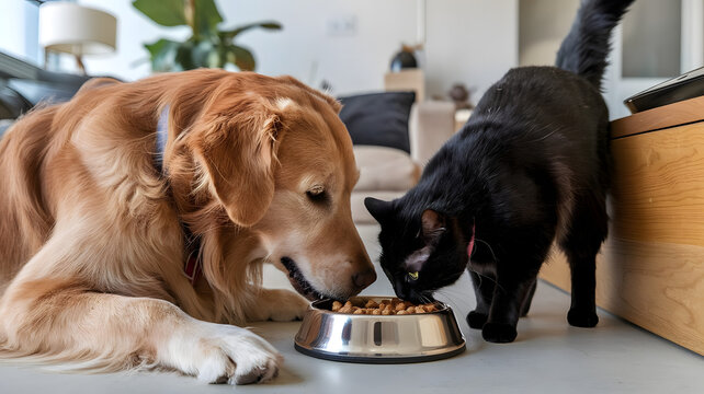 Dog and a Cat are Eating Food out of a Bowl Together, The dog's bowl is placed in front of the cat's bowl.