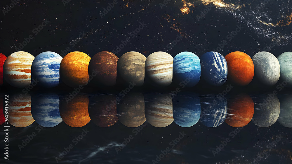 Poster planets in space with a reflection on a black surface.