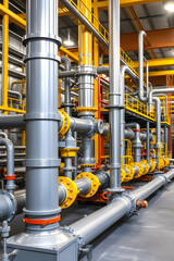 Industry pipeline transport gas and oil processing. Industrial facility with large metallic pipes, showcasing a complex network of machinery and equipment for processing or manufacturing.