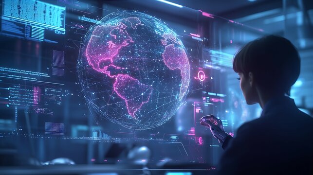 Futuristic Data Analyst Interacting with Digital Global Interface