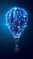 digital hot air balloon in low poly wireframe, the rise of innovation in technology. Sustainability in Technology,  aerial navigation and adventure, smart travel experiences, innovative exploration. 
