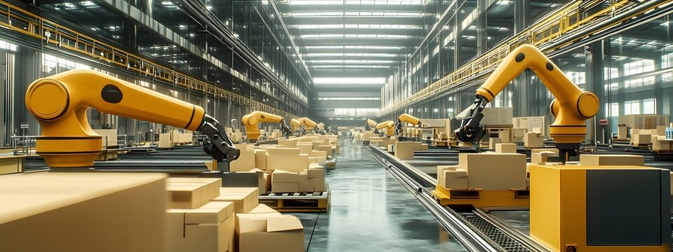 A high-tech factory floor with robotic arms neatly arranged, carrying out precise cardboard packaging in an industrial setting. The scene is captured from above, showcasing the advanced technology
