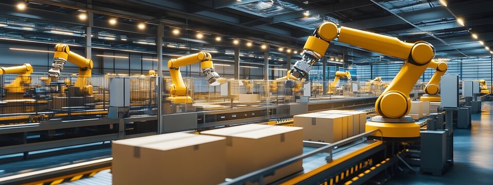 A high-tech factory floor with robotic arms neatly arranged, carrying out precise cardboard packaging in an industrial setting. The scene is captured from above, showcasing the advanced technology