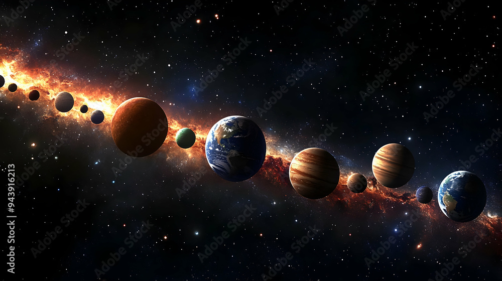 Poster planets lined up in a row against a starry backdrop.