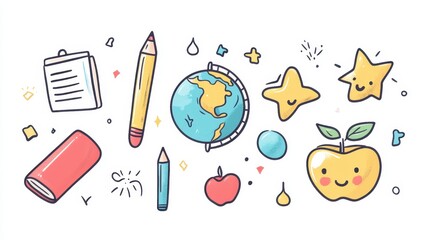 A cheerful assortment of educational symbols, including a globe, fruits, and colorful stationery arranged for a fun learning theme